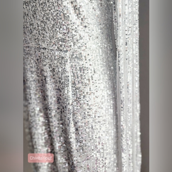 🏷🆕️ Sexy Deep-V Sequin Glitter Tassel Sleeve Party Mini Dress - Silver - L - Picture 9 of 16